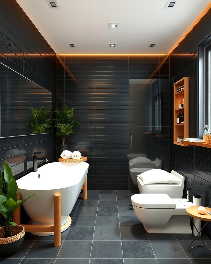 Black Tiles with Natural Wood Accents