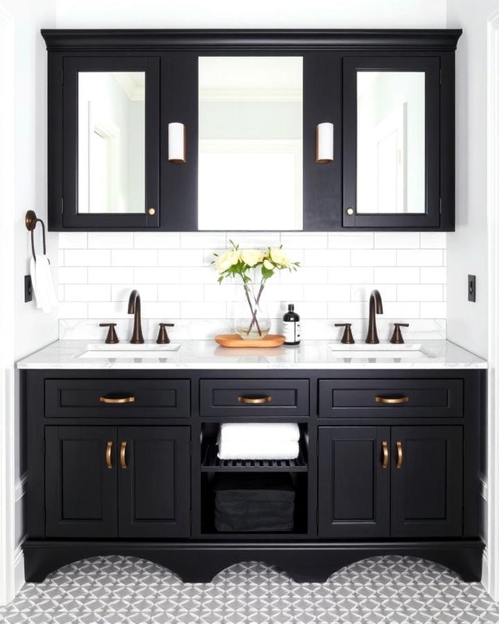 Black Vanity Paired with White Countertops for Contrast