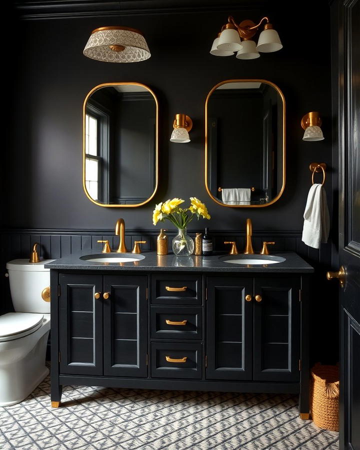 Black Vanity with Brass Fixtures for Warmth