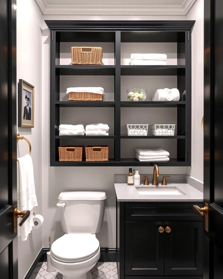 Black Vanity with Open Shelving for Accessibility