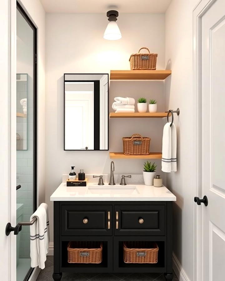 Black Vanity with Open Shelving for Versatility