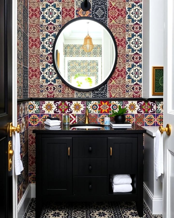 Black Vanity with Patterned Tiles for Visual Interest