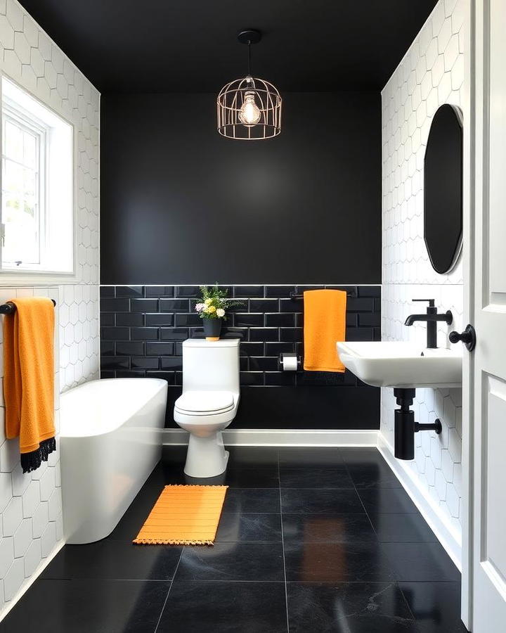 Black Vinyl Floors with White Geometric Walls