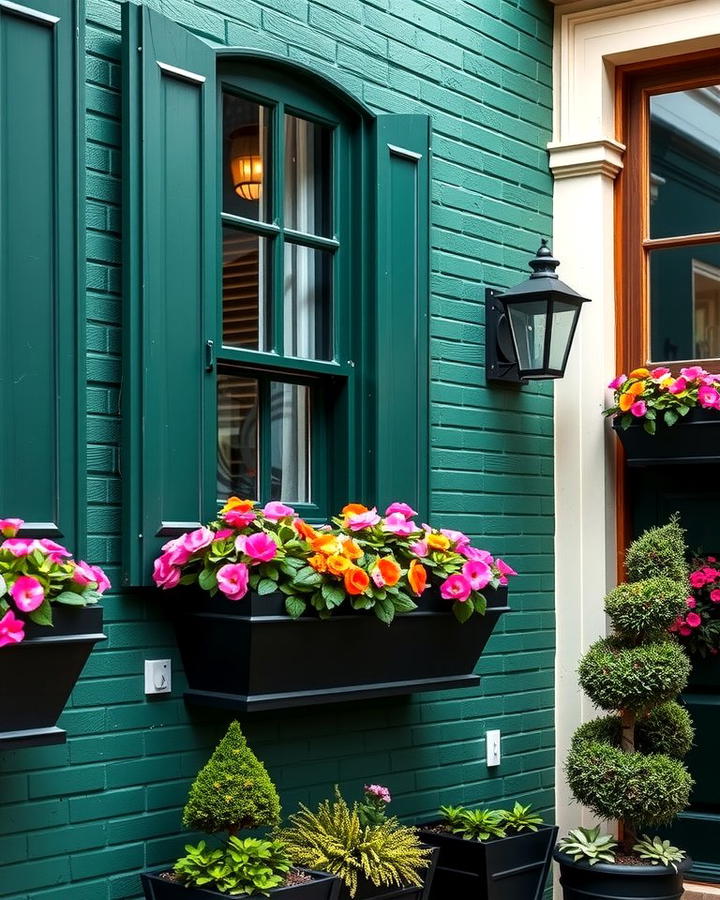 Black Window Boxes on Forest Green Walls