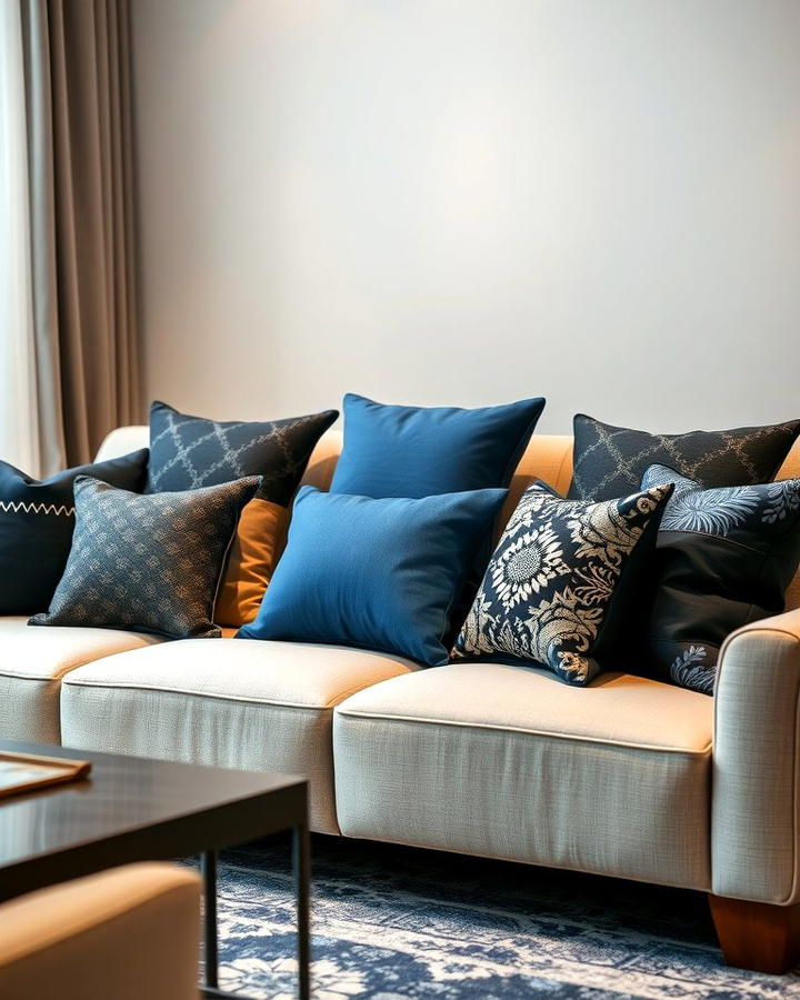 Black and Blue Cushions on a Neutral Sofa