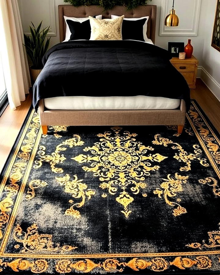 Black and Gold Area Rug for Bedroom