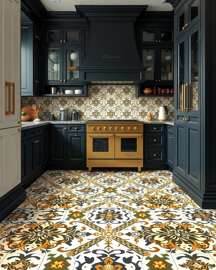 Black and Gold Patterned Floor Tiles