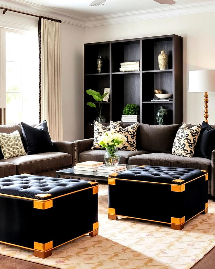 Black and Gold Upholstered Ottoman