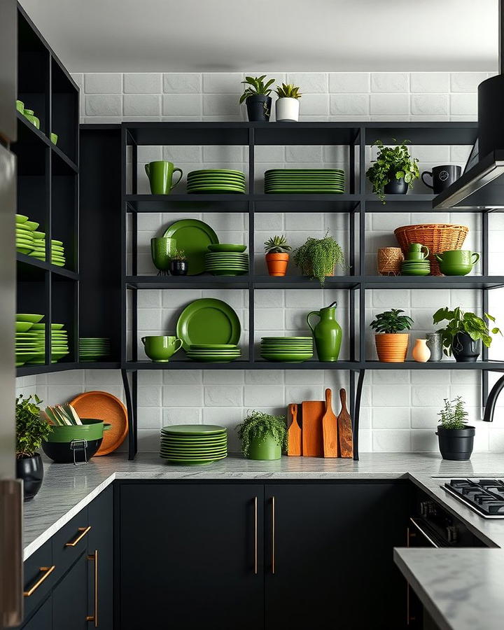 Black and Green Open Shelving