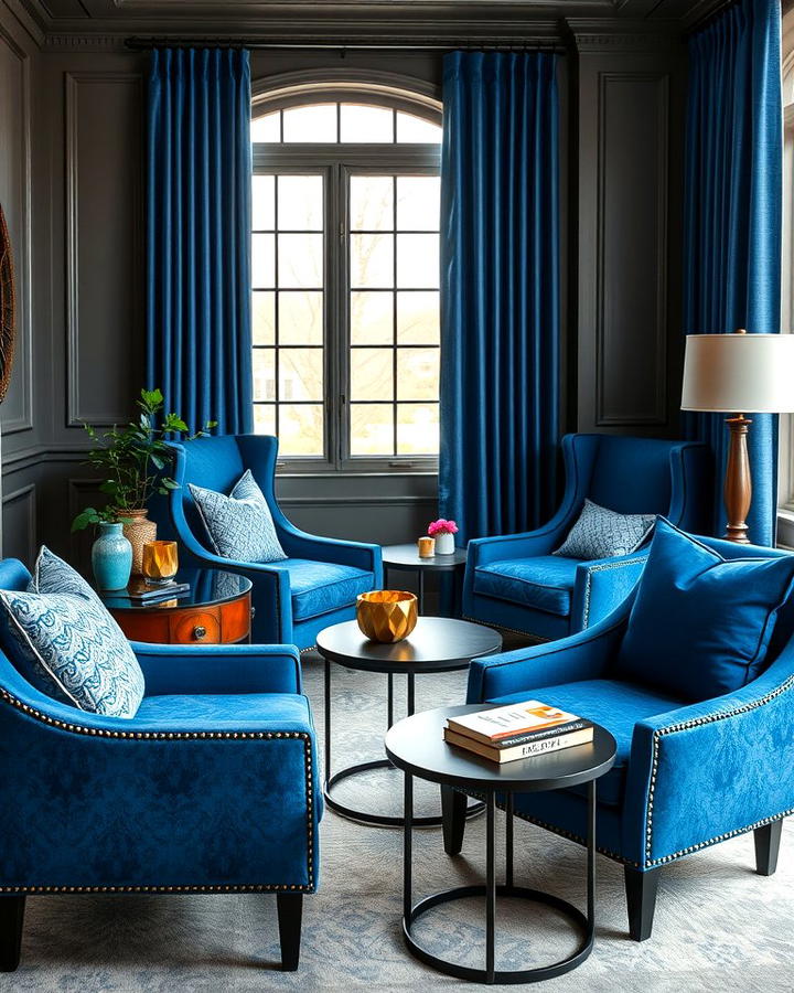 Blue Accent Chairs with Black Side Tables