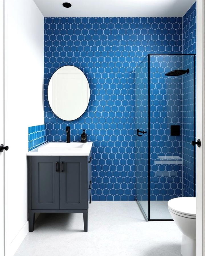 Blue Hexagon Tiles with Gray Vanity