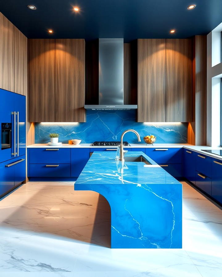 Blue Islands with Waterfall Countertops