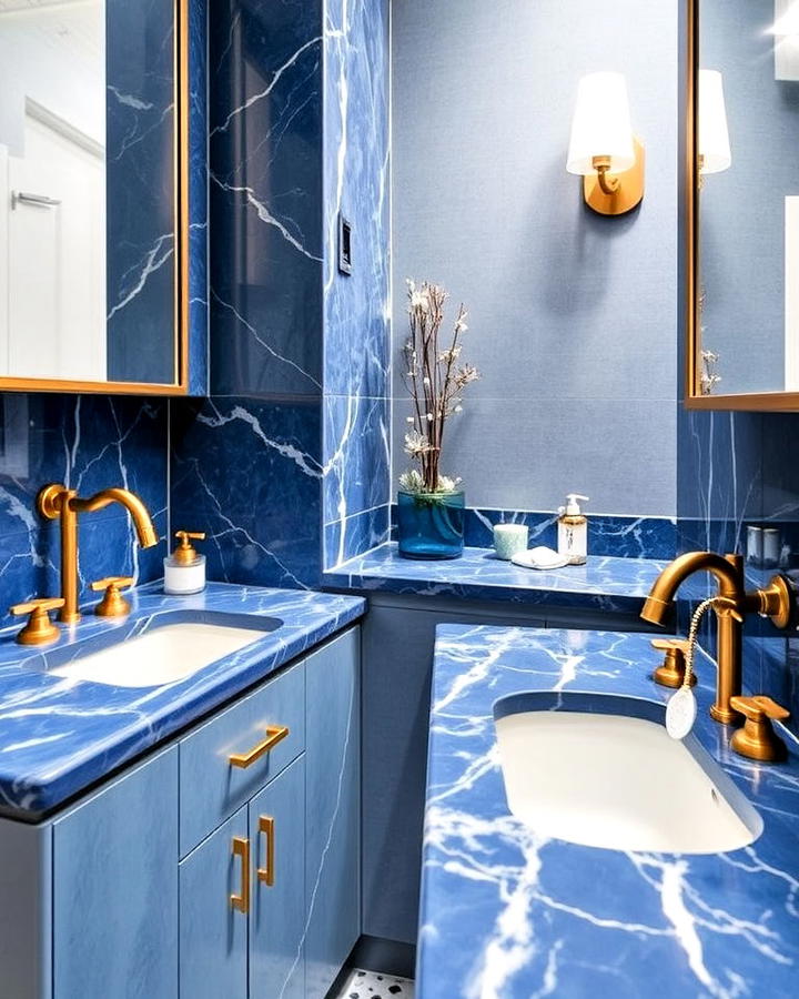 Blue Marble Bathroom Countertop With Gold Fixtures