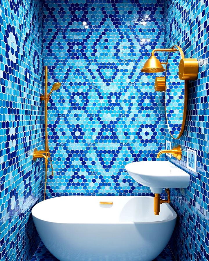 Blue Mosaic Tiles with Gold Fixtures