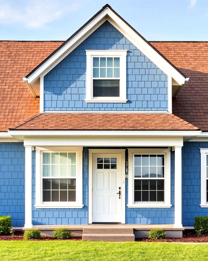 Blue Shiplap Siding Exterior Home With a Brown Roof