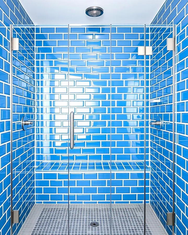 Blue Subway Tile Shower with Gray Grout