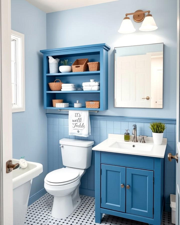 Blue Vanity with Open Shelving