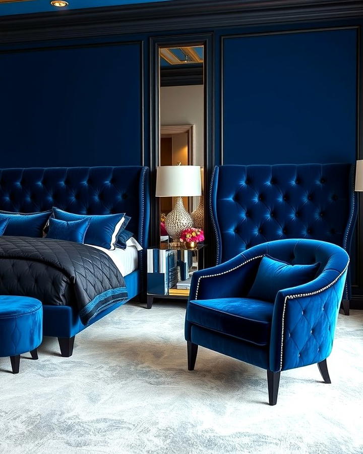 Blue Velvet Upholstery with Black Details