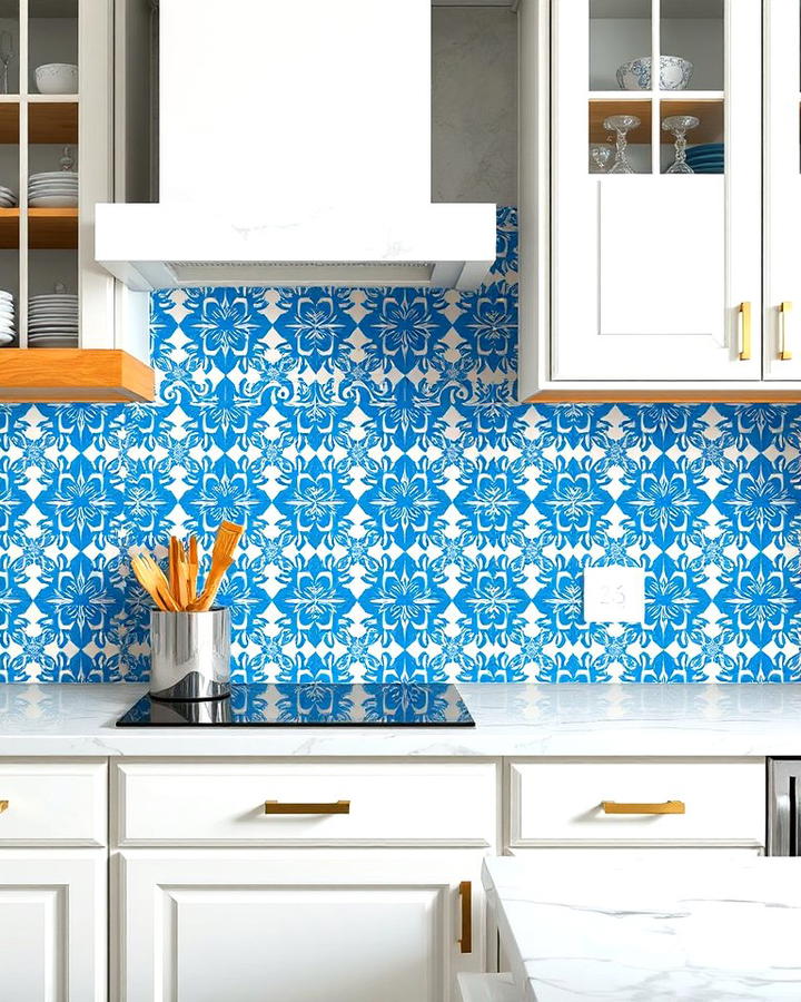 Blue and White Patterned Backsplash