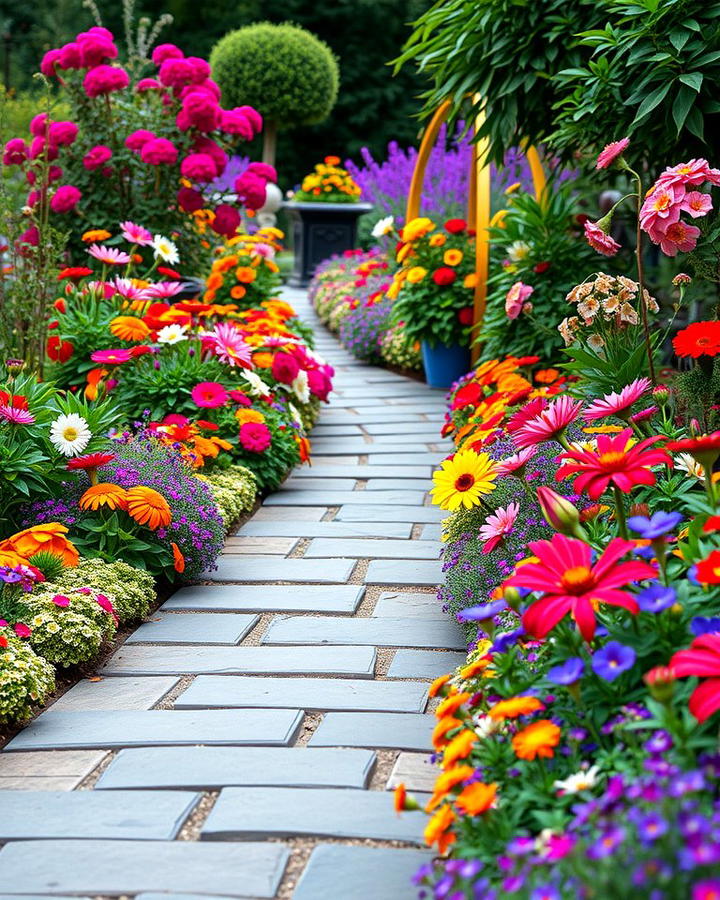 Bluestone Walkway with Vibrant Flower Borders