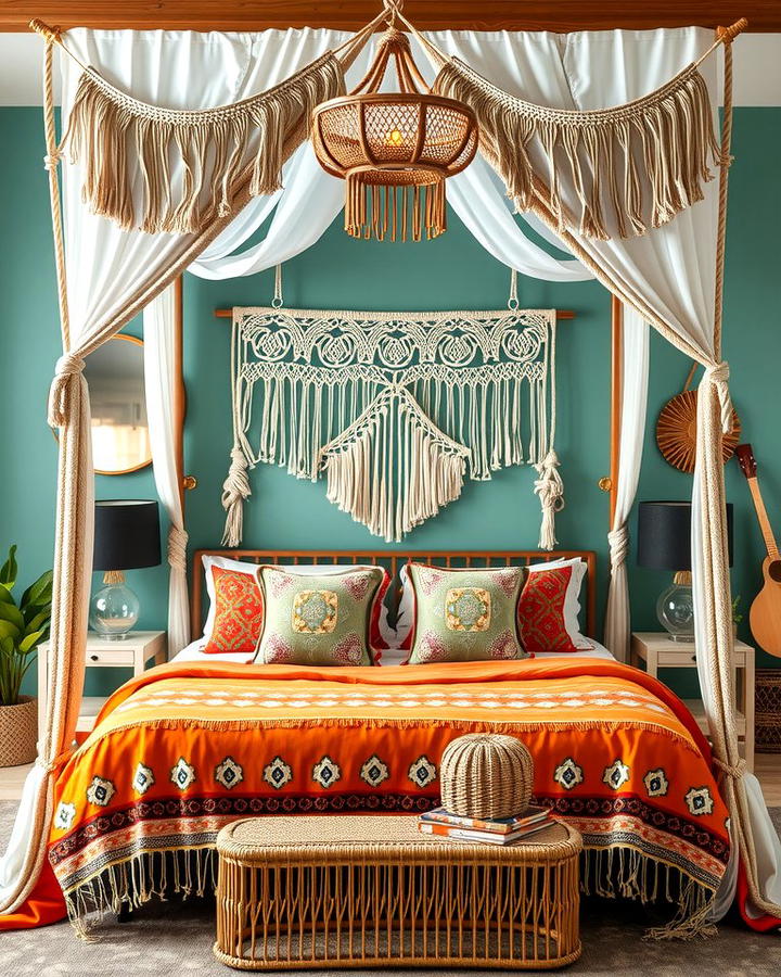 Bohemian Canopy Bed with Macrame Accents