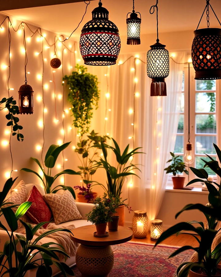 Boho String Lights and Lanterns in Living Room