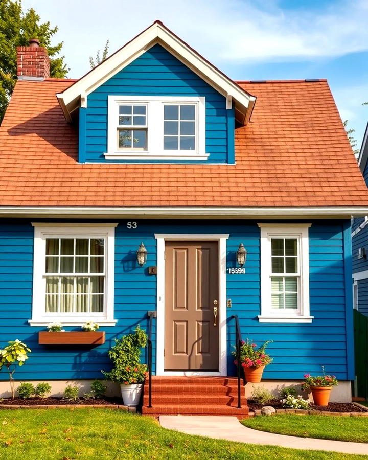 Bold Blue Exterior with Brown Roof and White Trim