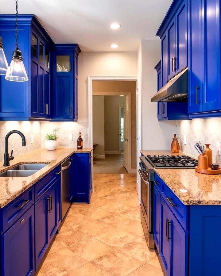 Bold Cobalt Cabinets with Warm Brown Granite