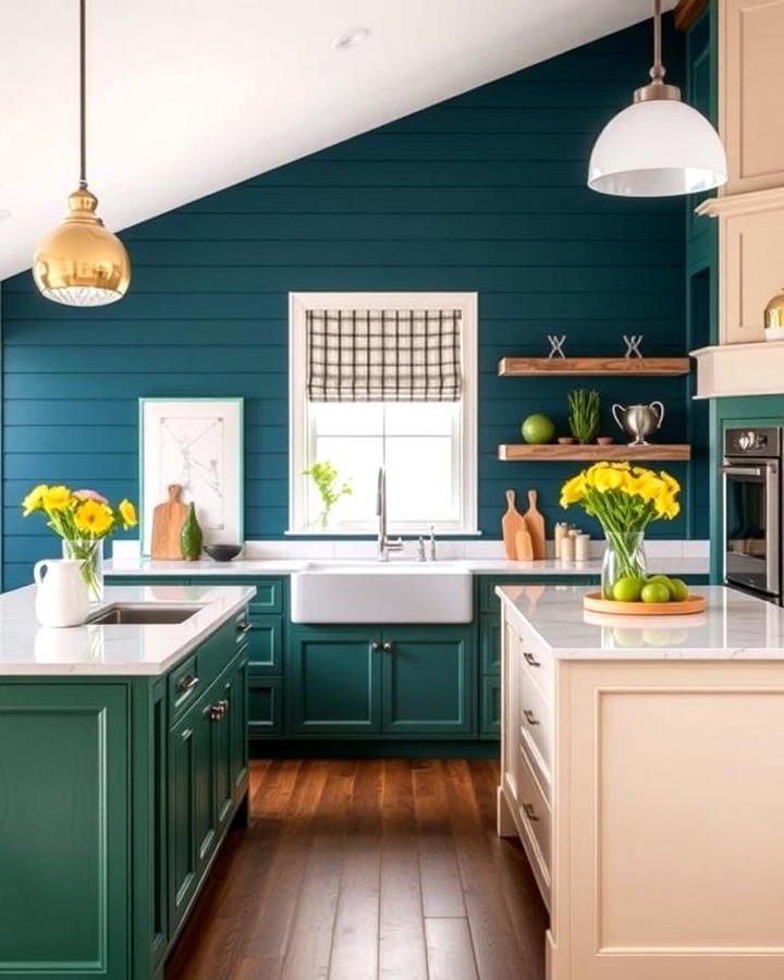 Bold Colored Shiplap with a Neutral Island