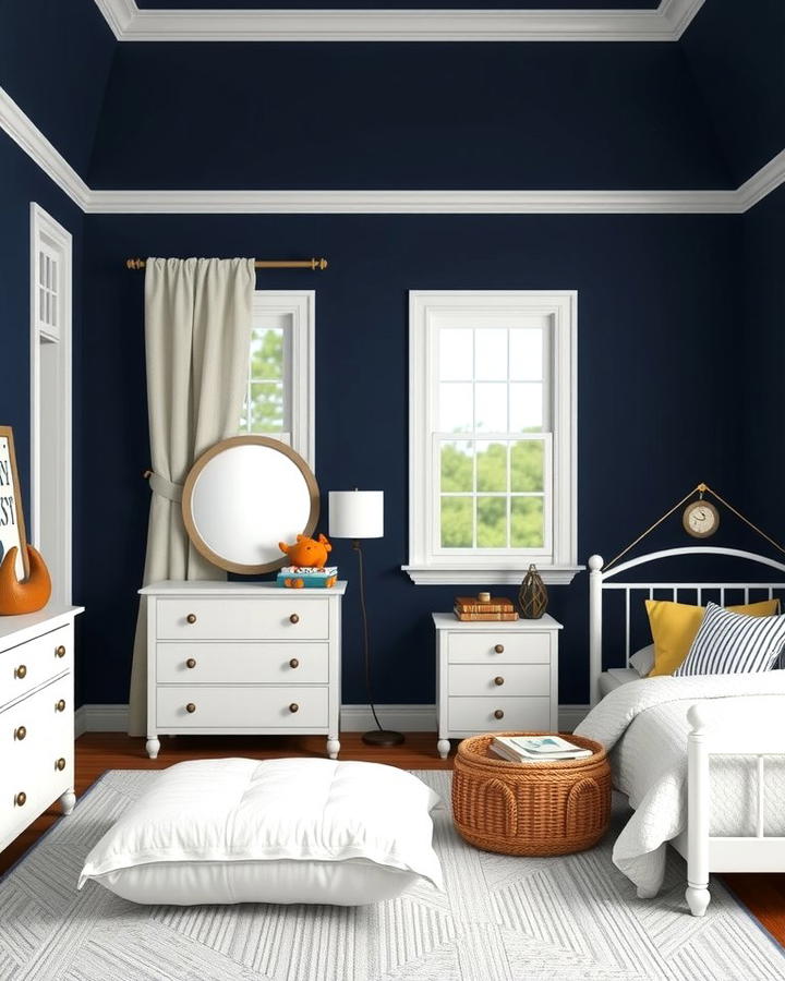 Bold Navy Walls with White Accents