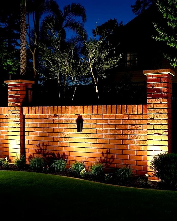 Brick Fence with Built In Lighting Fixtures