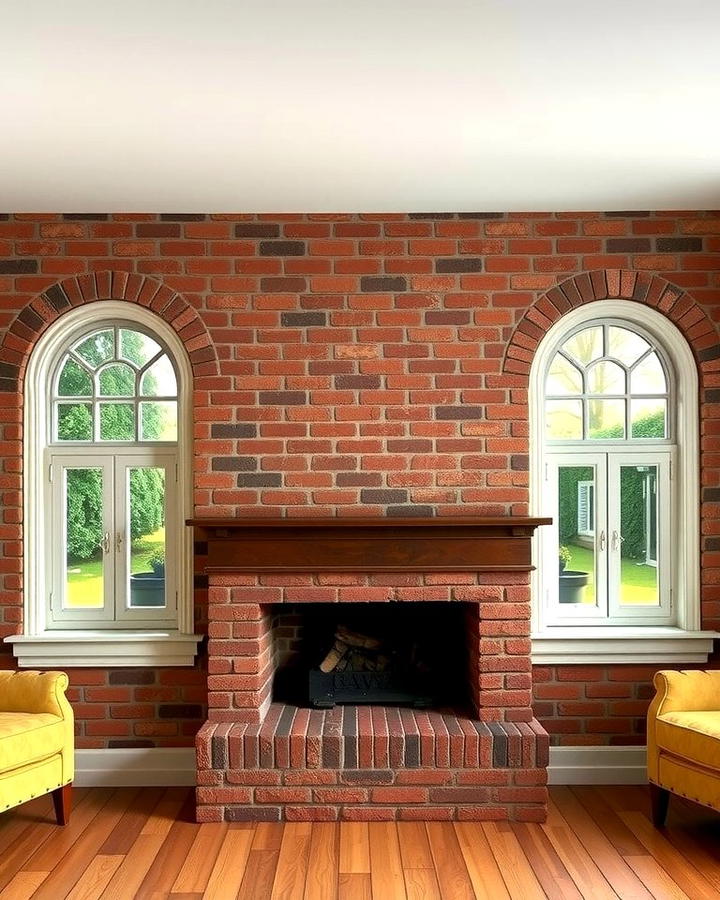 Brick Fireplace Between Vintage Styled Windows