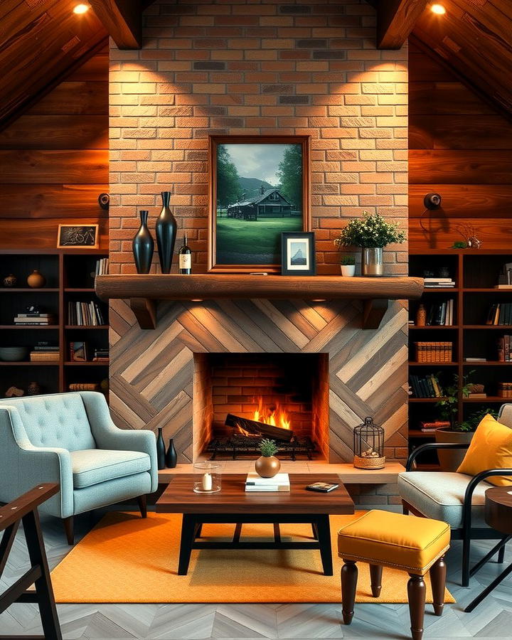 Brick Fireplace with Herringbone Pattern