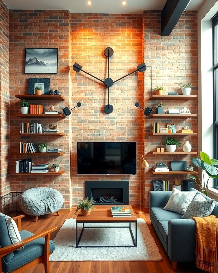 Brick Wall with Built In Shelves