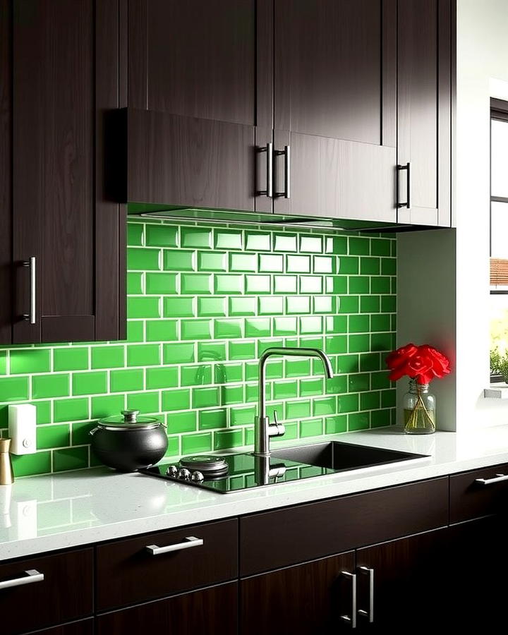 Bright Green Backsplash with Espresso Cabinets