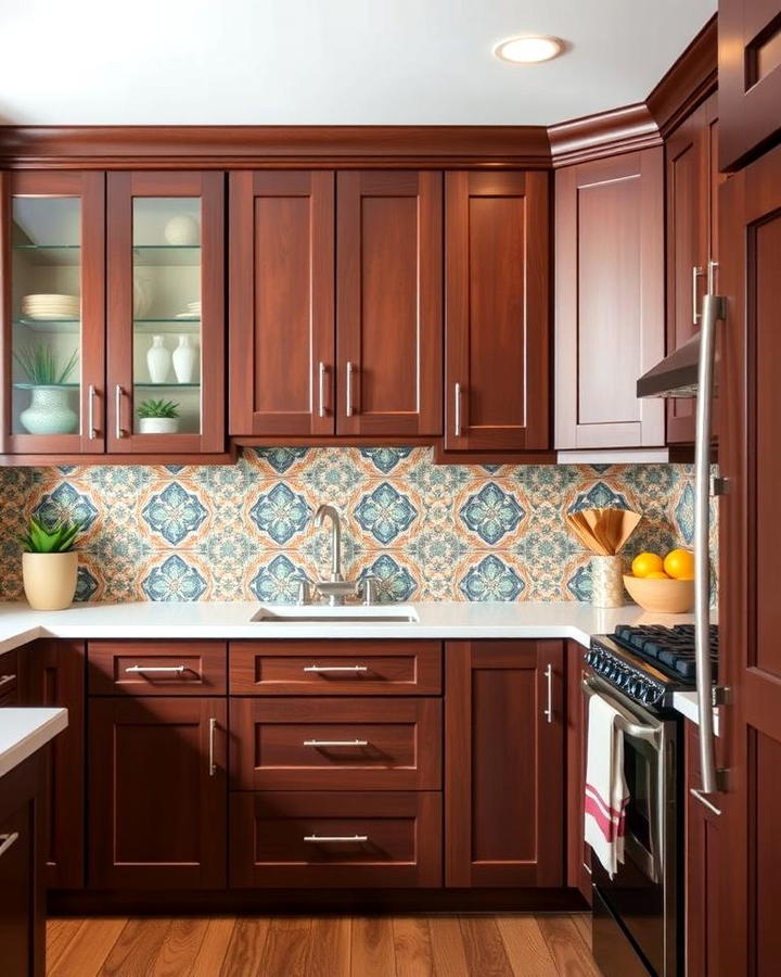 Brown Cabinets with Bold Backsplash