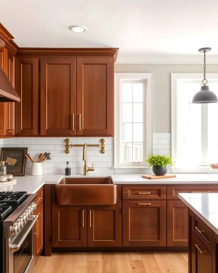 Brown Cabinets with Farmhouse Sink