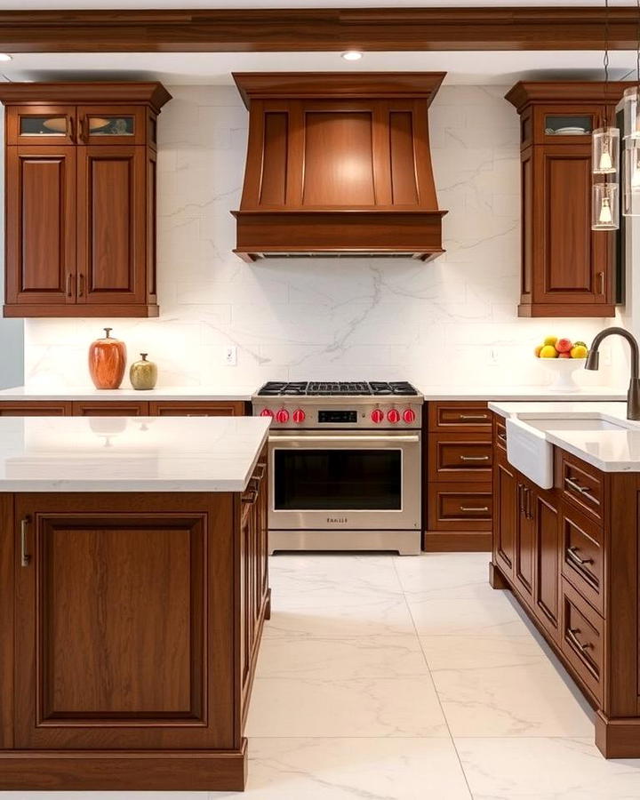 Brown Cabinets with Marble Countertops