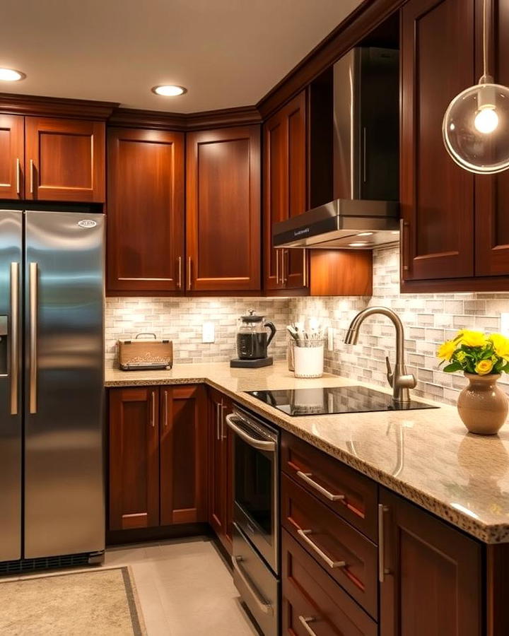 Brown Cabinets with Under Cabinet Lighting