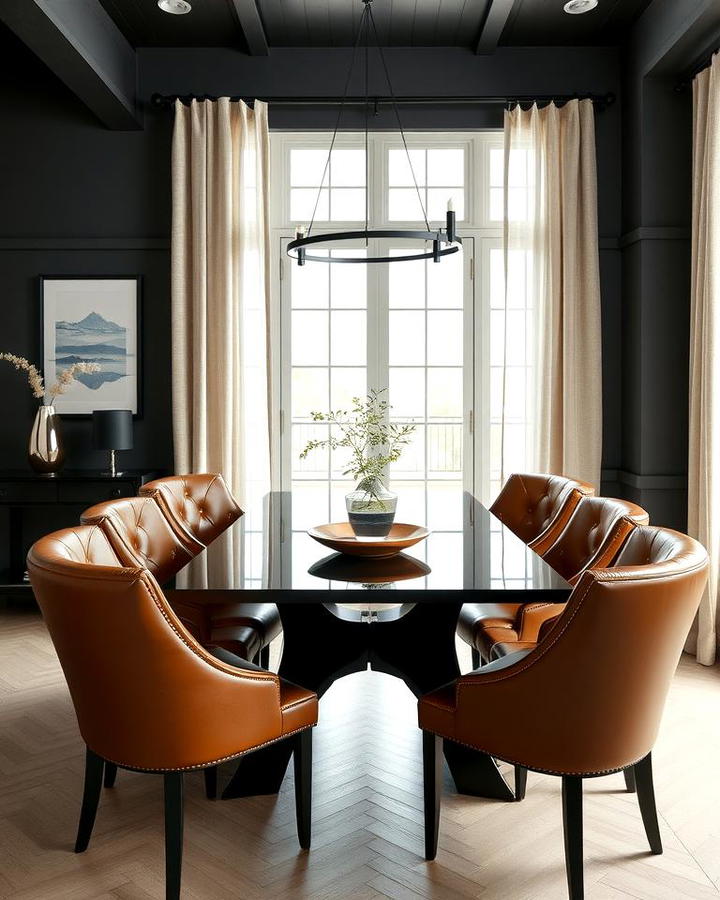 Brown Leather Dining Chairs with Black Table