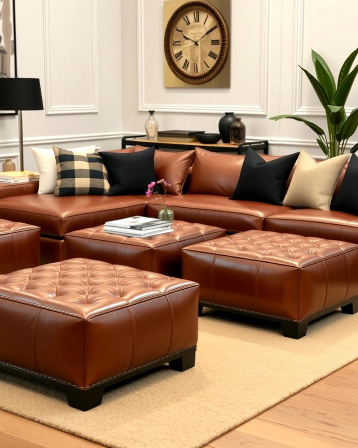 Brown Leather Ottomans with Black Detailing