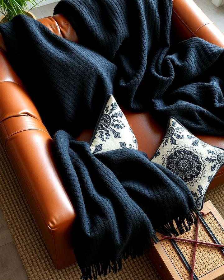 Brown Leather Sofas with Black Throw Blankets