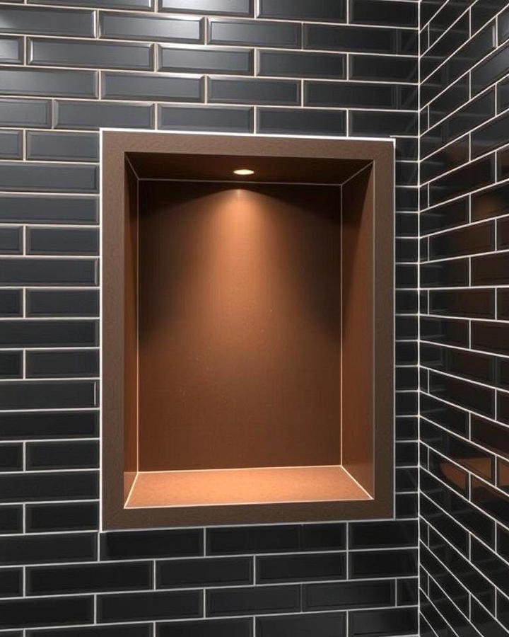 Brown Shower Niche with Black Tile Surround