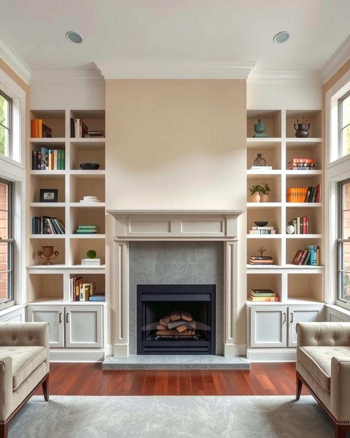 Built In Shelves Around Fireplace and Windows