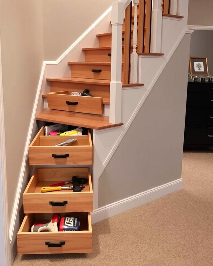 Built In Stair Drawers for Hidden Storage