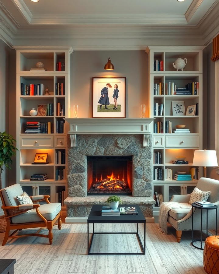 Built in Bookshelf and Fireplace