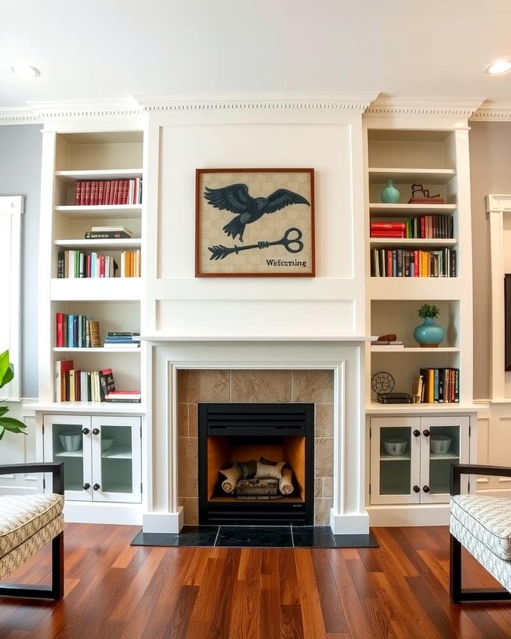 Built in Bookshelves Surrounding a Fireplace