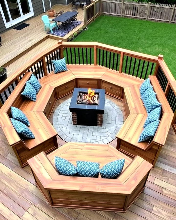 Built in Wooden Deck Seating for Firepit