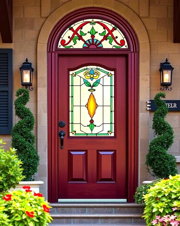 Burgundy Door with Stained Glass Accents