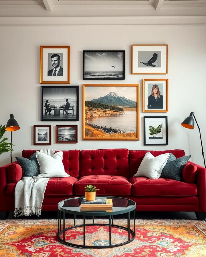 Burgundy Sofa with Artwork Displays